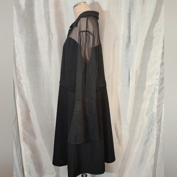 Long Bell-Sleeved Midi Dress Black:See Thru bodice +Sleeves, Waved collar,4X - Picture 5 of 12